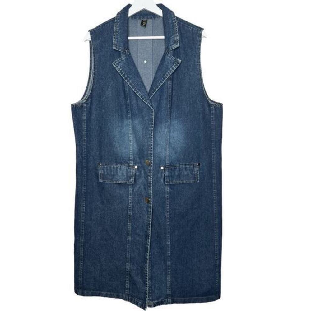 Vintage Longline Denim‎ Vest Snap Front Notched Collar Pockets